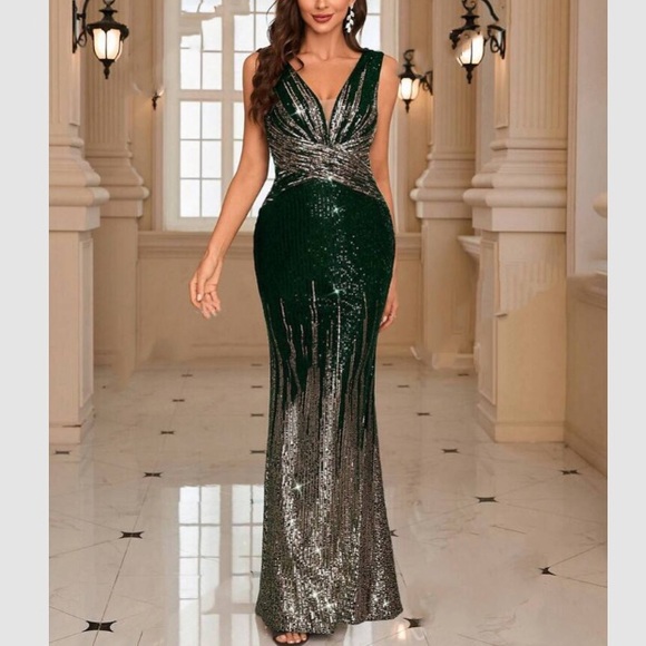 Luxe V neck party formal evening sequins gown dress - Picture 4 of 7